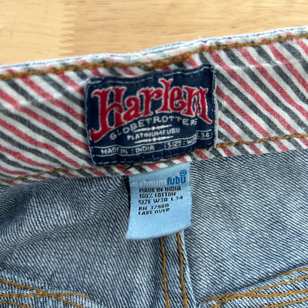 VTG Y2K Platinum FUBU Harlem Globetrotters 38x34 Loose Denim Jeans Distressed - Picture 3 of 13
